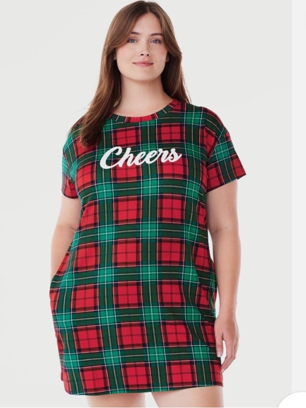 Joyspun Women’s Red & Green Plaid "Cheers" Sleep Shirt